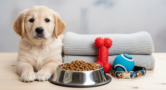 Complete puppy essentials checklist with food bowls, toys, and supplies for new puppy owners