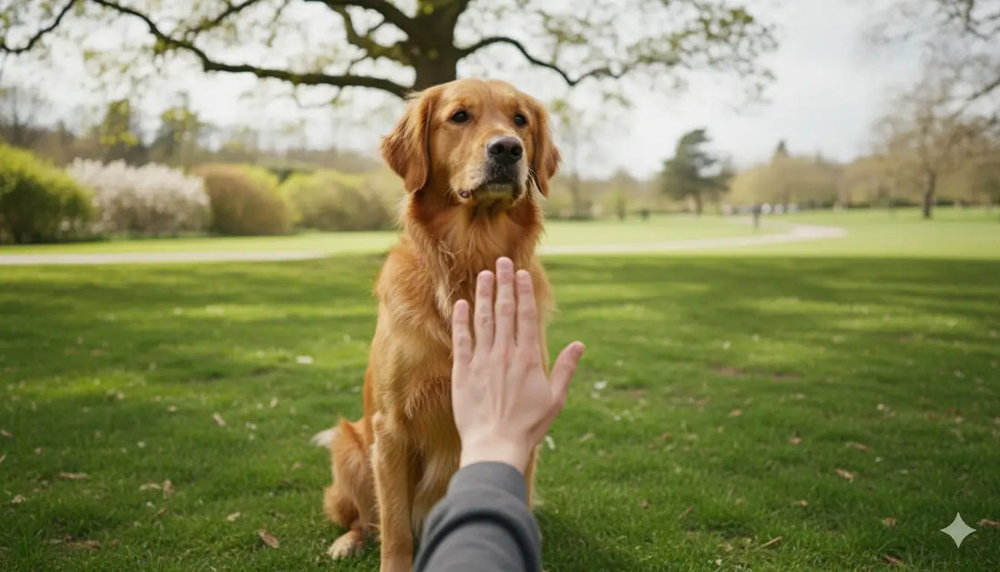 Dog in stay position responding to hand signal during training session