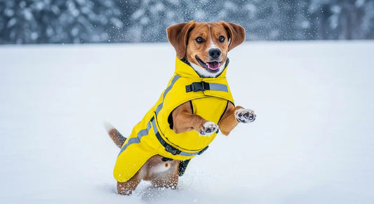 Happy dog wearing waterproof winter coat playing in snow