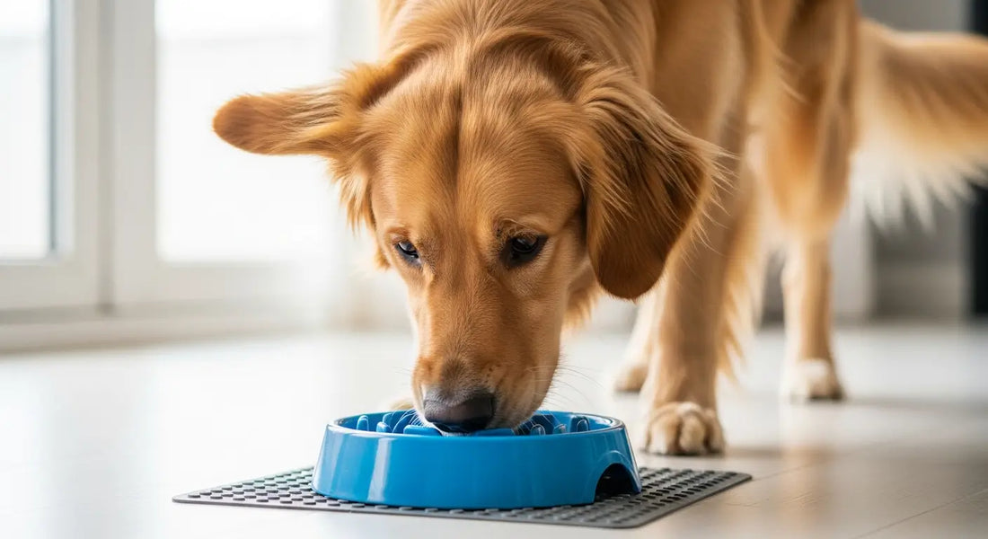 Happy golden retriever eating calmly from a blue slow feeder bowl showing proper pacing