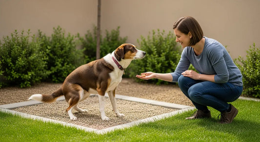 Owner potty training a stubborn dog using positive reinforcement in outdoor potty spot
