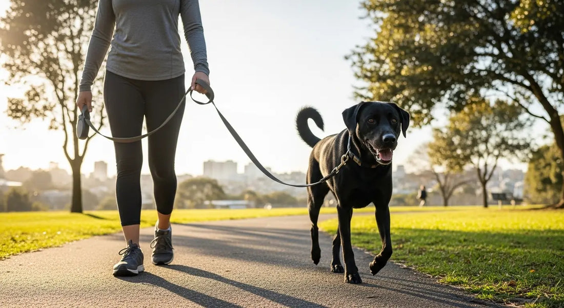 Owner walking calmly with dog using the best leash for dogs that pull