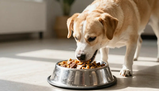 Happy dog eating best dog food for sensitive stomach from a clean bowl