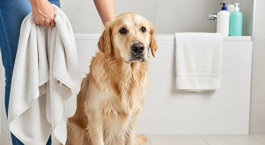 Dog smells bad after bath - wet golden retriever being dried with towel