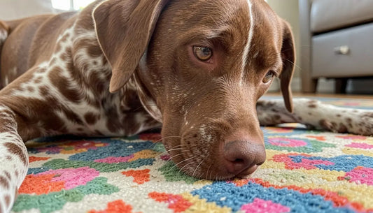 dog rubbing nose on floor on a carpet at home