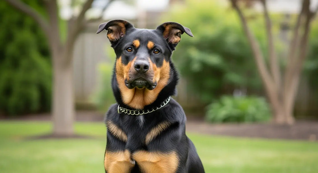German Shepherd Rottweiler mix sitting in backyard - Shepweiler dog breed