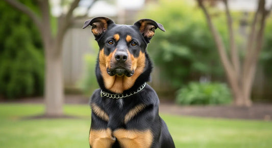 German Shepherd Rottweiler mix sitting in backyard - Shepweiler dog breed