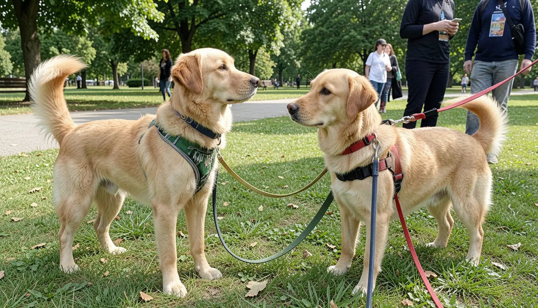 Two dogs on leashes meeting for the first time in a park — how to introduce a new dog to an existing dog safely