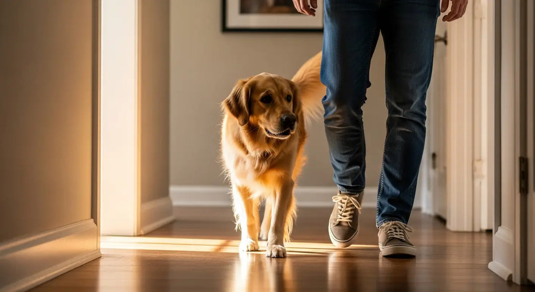 Dog follows me everywhere - loyal pet shadowing owner through home