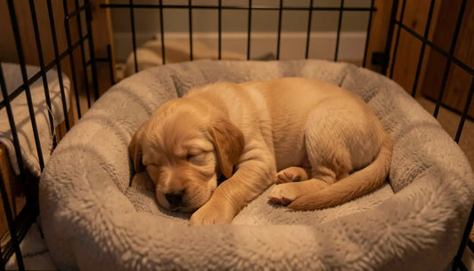 puppy not sleeping at night — newborn golden retriever puppy resting in a cozy crate