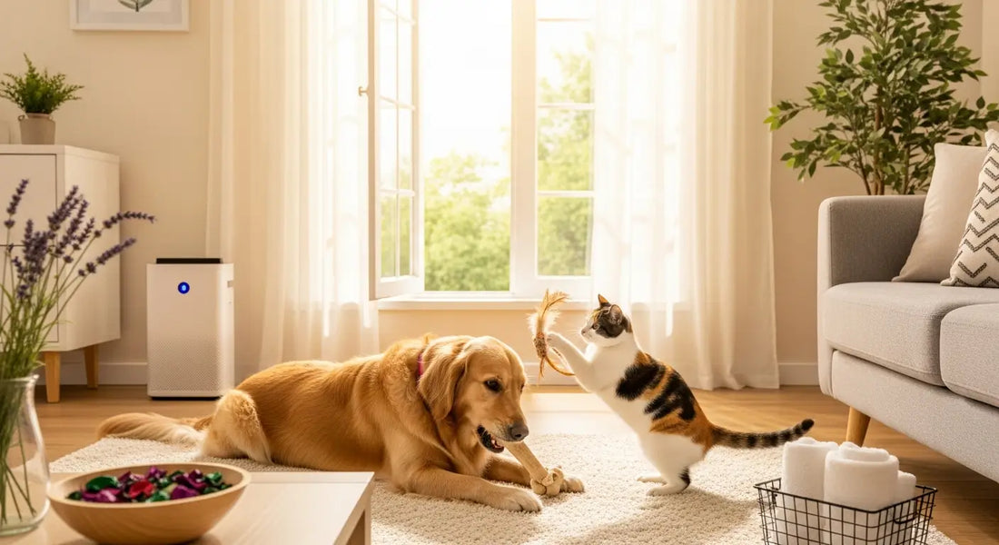 Clean living room with happy pets showing how to reduce pet odor in home