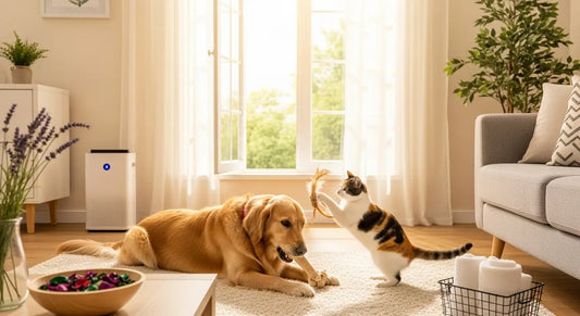 Clean living room with happy pets showing how to reduce pet odor in home