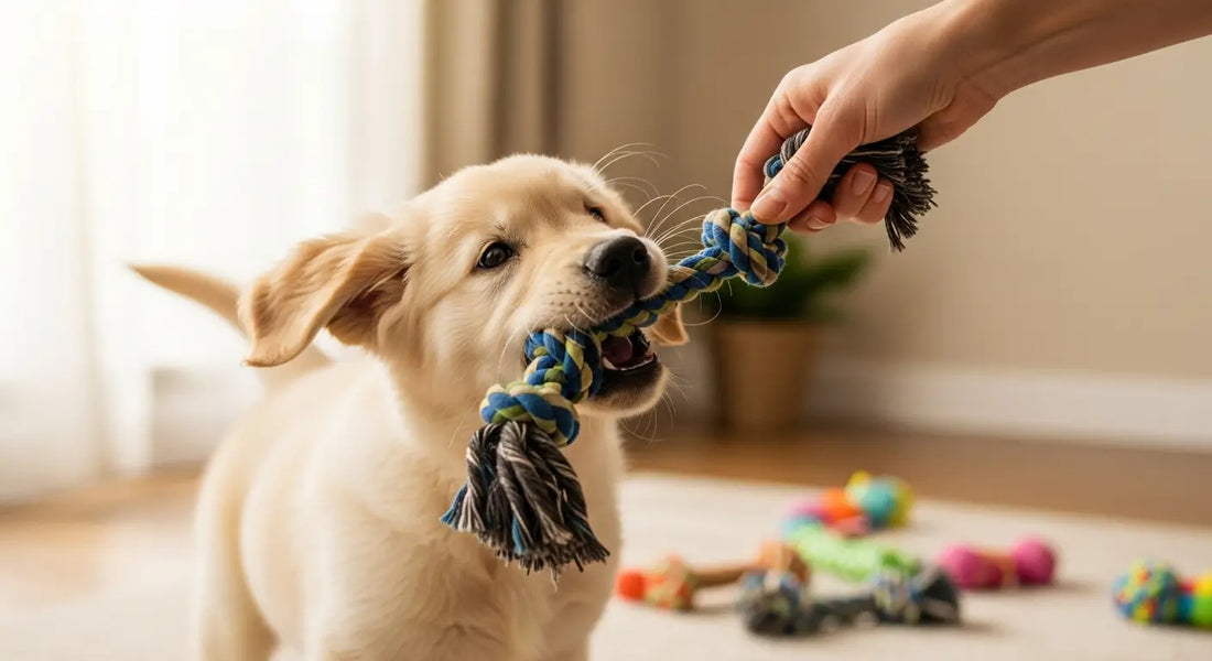 Young puppy learning to stop biting during training session