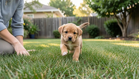 A young puppy stepping outside onto grass for the first time — illustrating when can puppies go outside safely